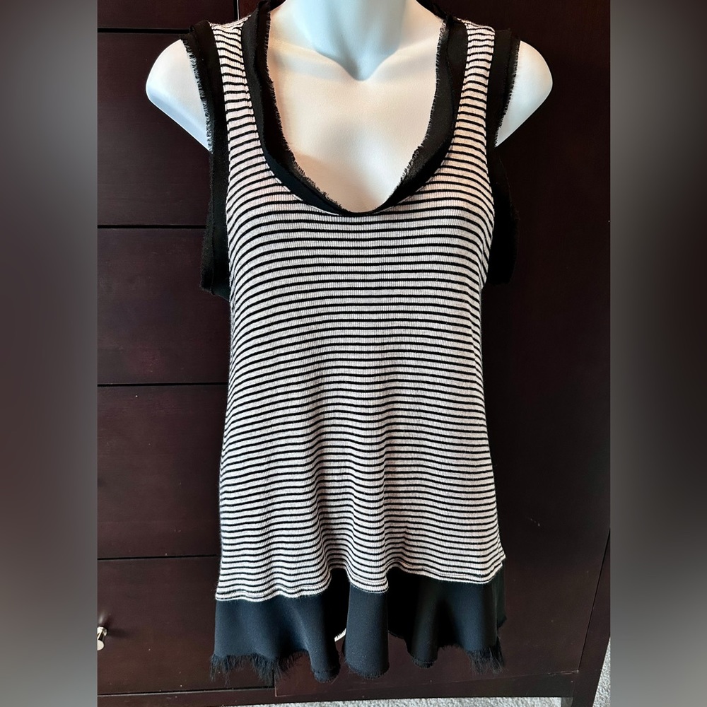 Altar'd State Boho Black & Cream Striped Tank Top w Layered Sheer Fringe EUC
